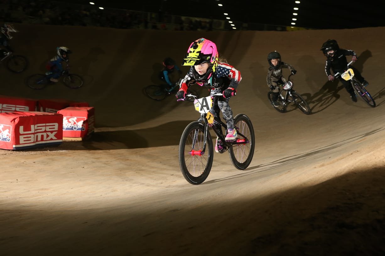 Henley Greer races in the USA BMX girls 5-years-old and under race in Tulsa, Oklahoma, last month.